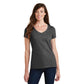 smiling model wearing port & company womens fan favorite v-neck tee in dark heather grey