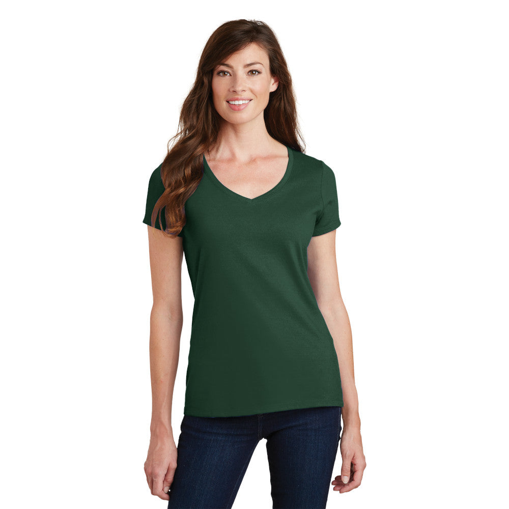 smiling model wearing port & company womens fan favorite v-neck tee in forest green