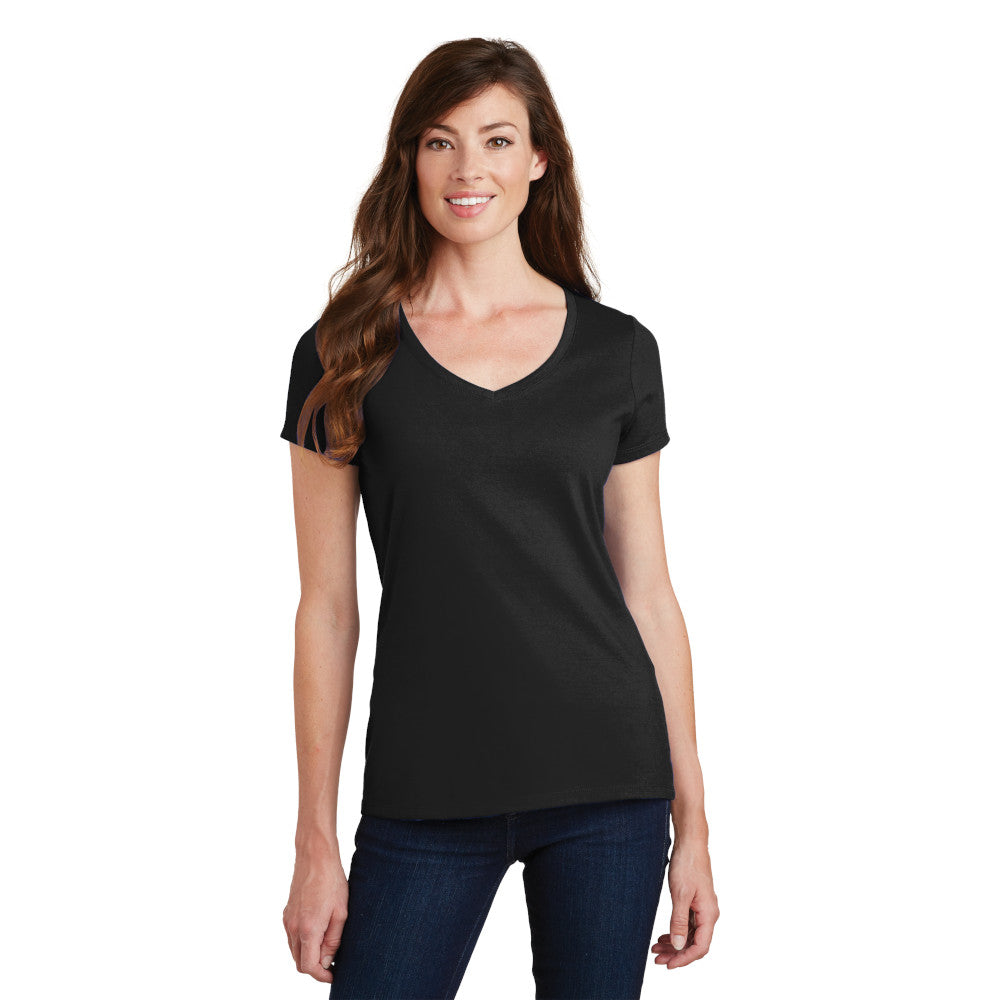 smiling model wearing port & company womens fan favorite v-neck tee in jet black