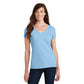 smiling model wearing port & company womens fan favorite v-neck tee in light blue