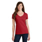 smiling model wearing port & company womens fan favorite v-neck tee in team cardinal