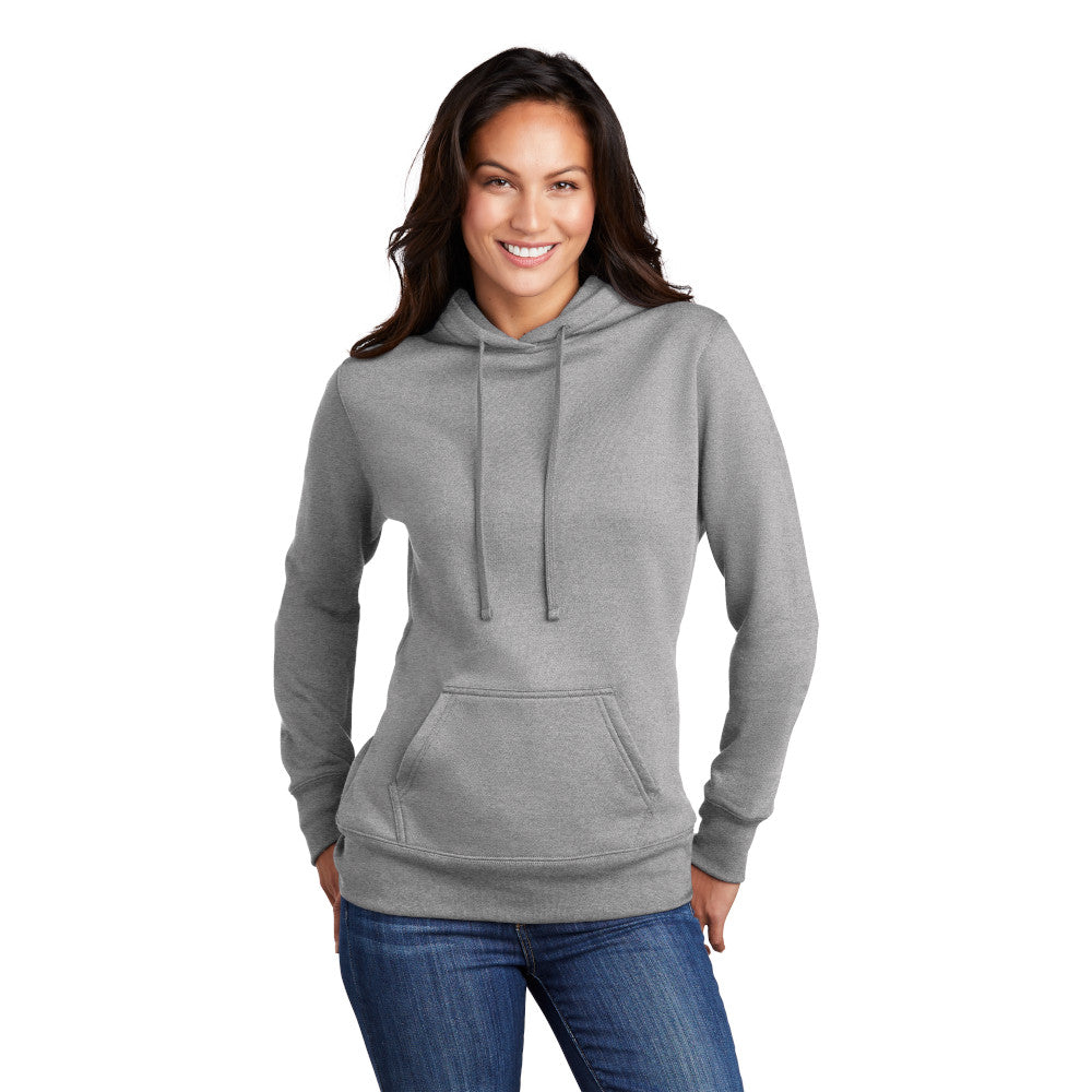 smiling model wearing port & company womens hoodie in athletic heather