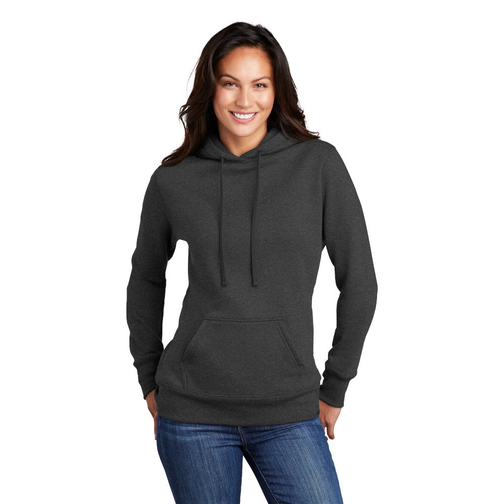 smiling model wearing port & company womens hoodie in dark heather grey