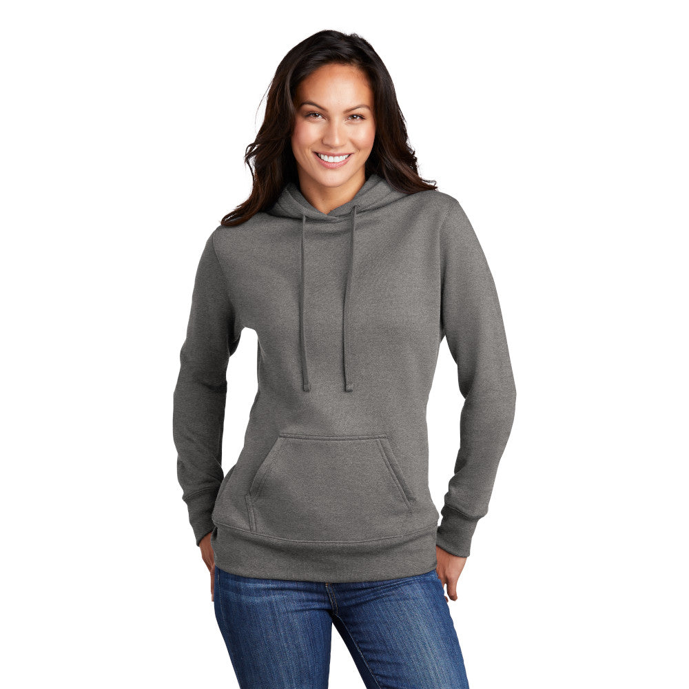 smiling model wearing port & company womens hoodie in graphite heather