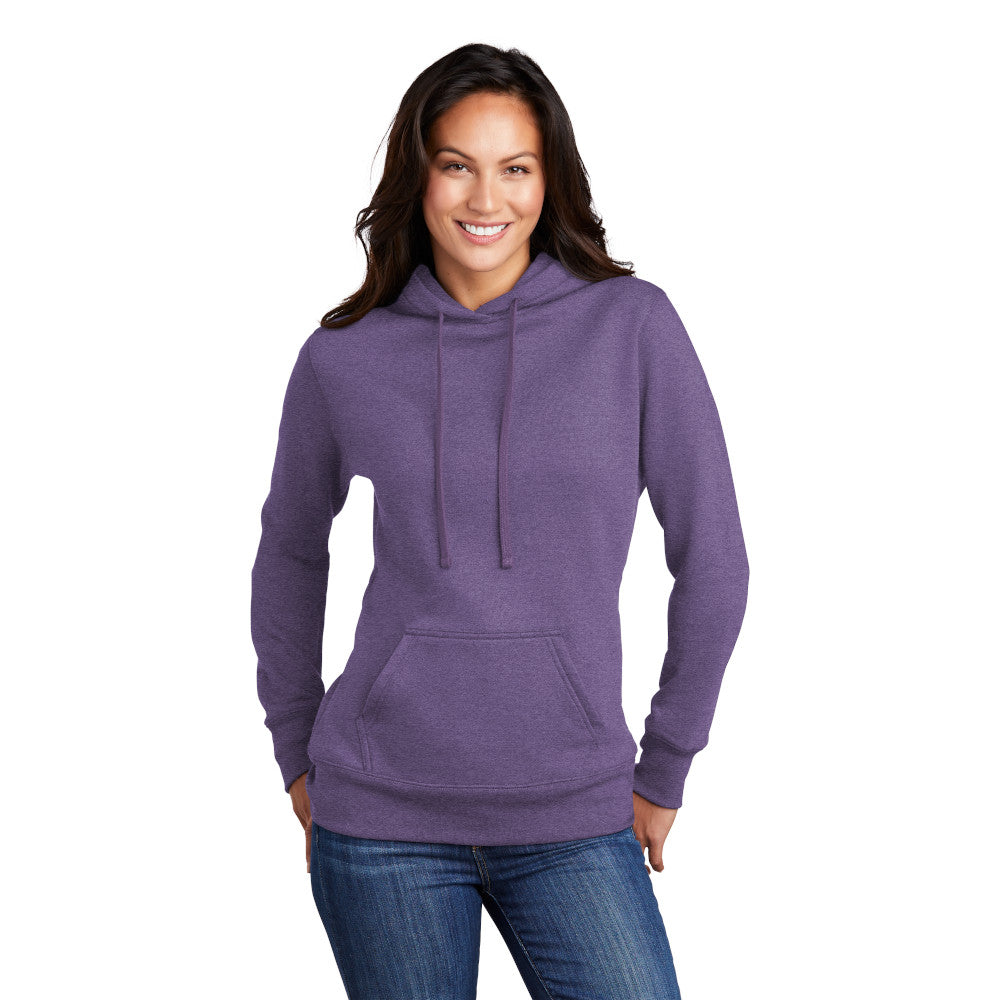 smiling model wearing port & company womens hoodie in heather purple