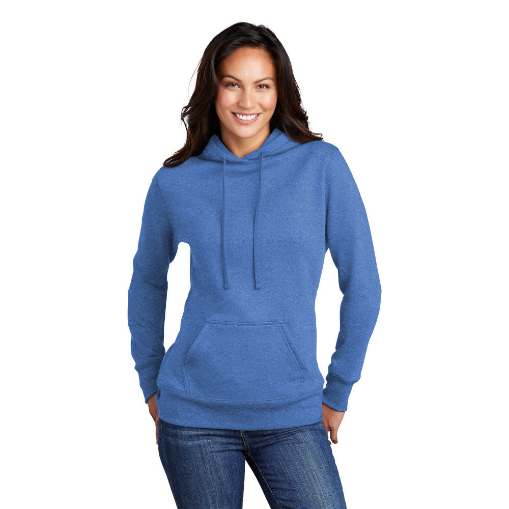 smiling model wearing port & company womens hoodie in heather royal