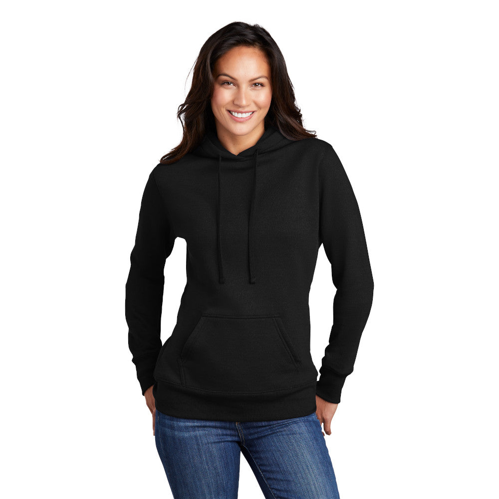 smiling model wearing port & company womens hoodie in jet black