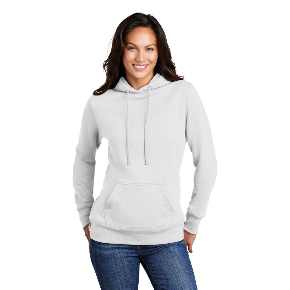smiling model wearing port & company womens hoodie in white