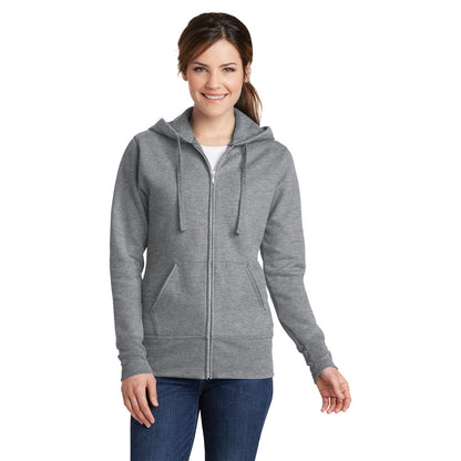 model wearing port & company womens full-zip hoodie in athletic heather