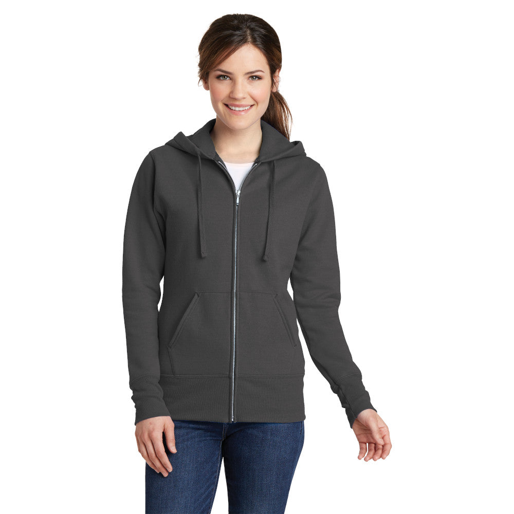 model wearing port & company womens full-zip hoodie in charcoal