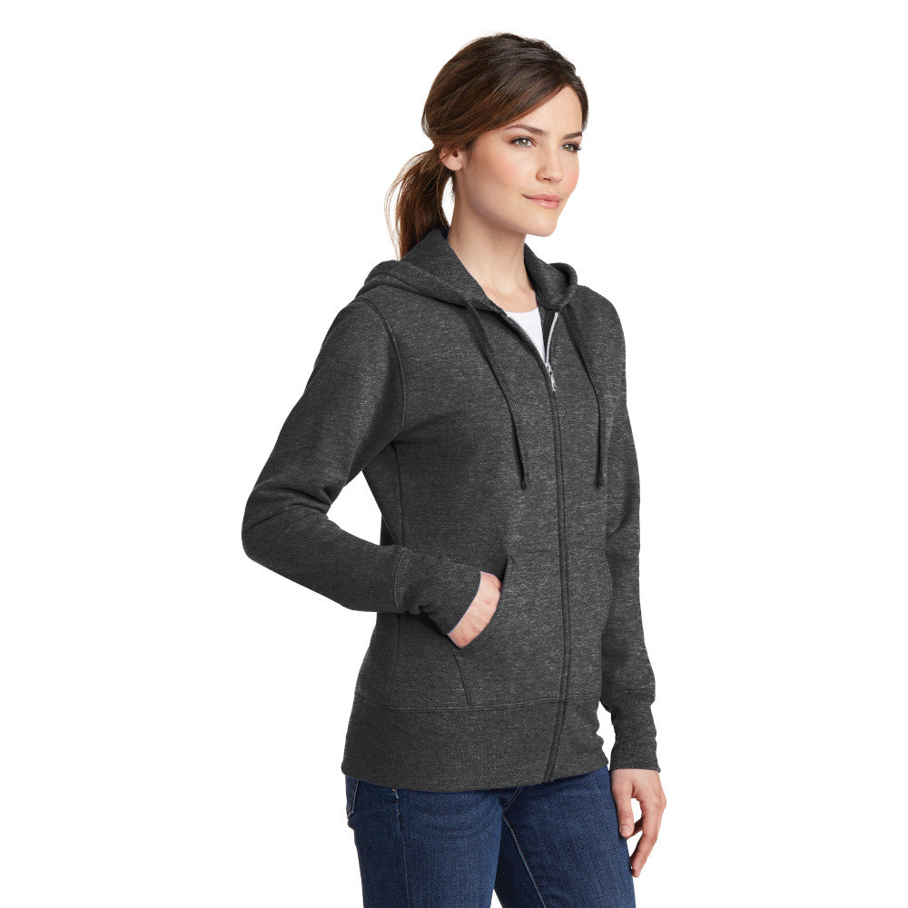 model wearing port & company womens full-zip hoodie in dark heather grey