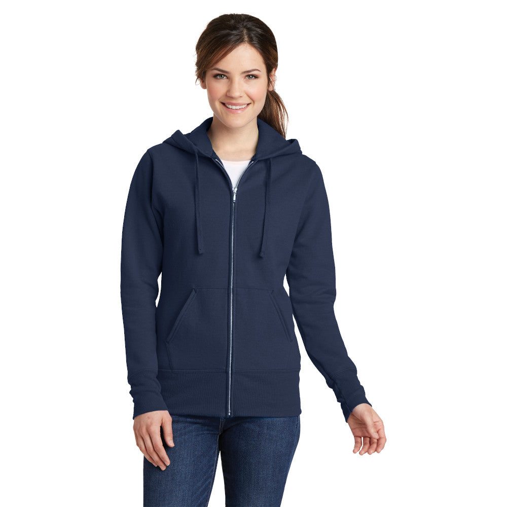 model wearing port & company womens full-zip hoodie in navy