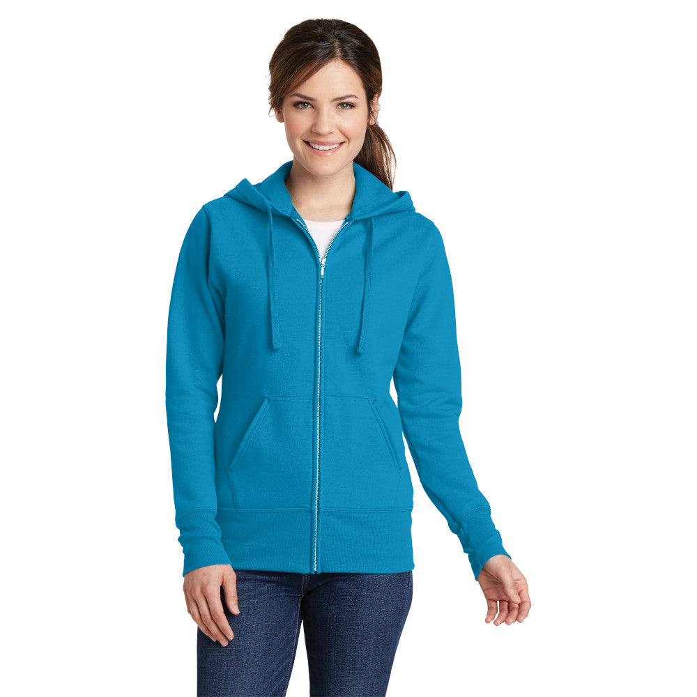 model wearing port & company womens full-zip hoodie in neon blue