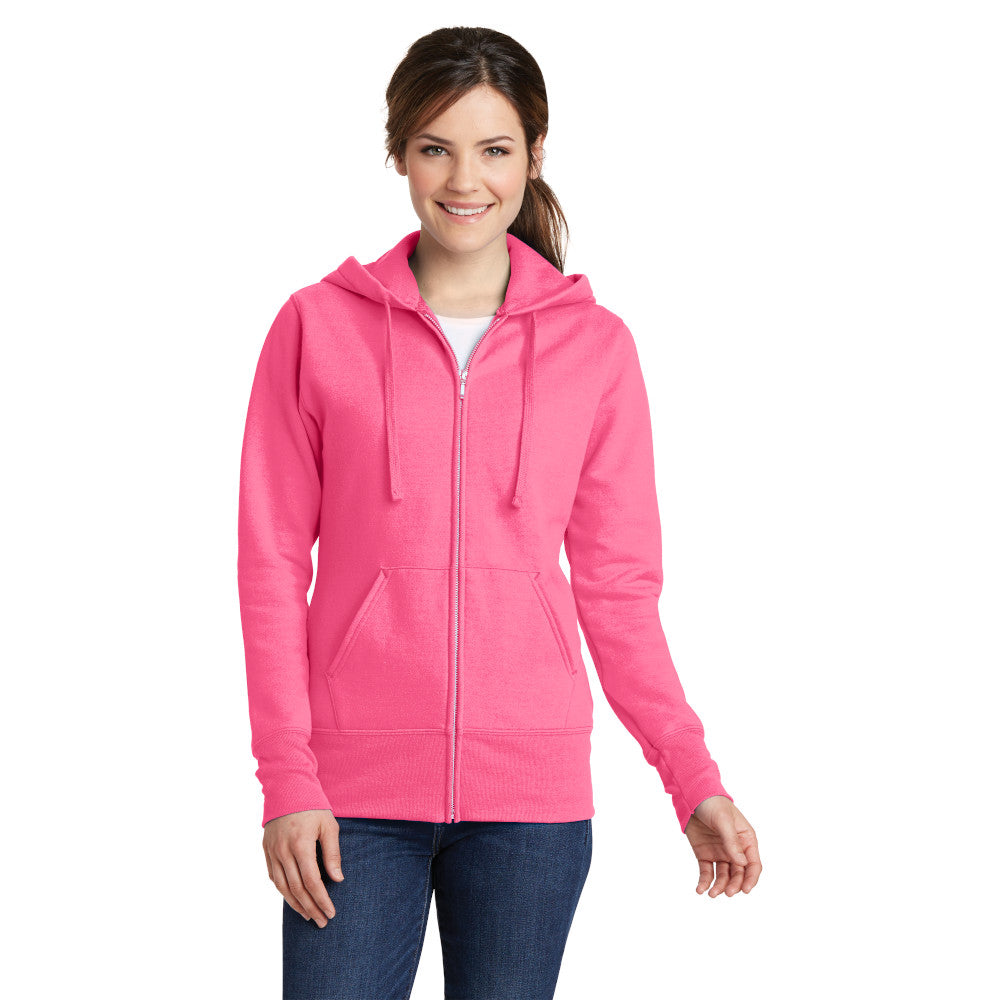 model wearing port & company womens full-zip hoodie in neon pink