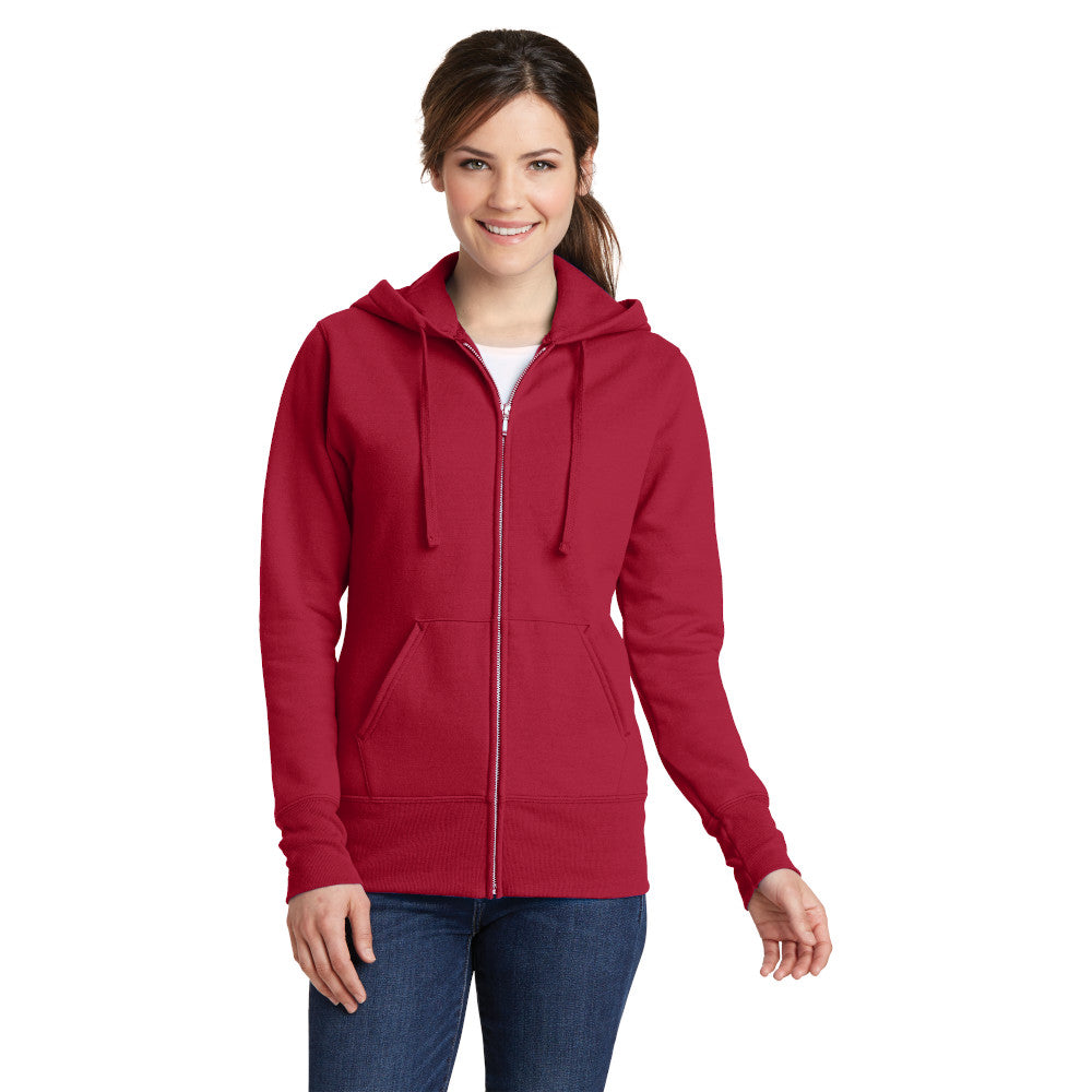 model wearing port & company womens full-zip hoodie in red