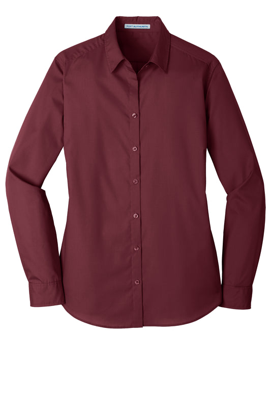 port authority womens long sleeve poplin shirt burdundy