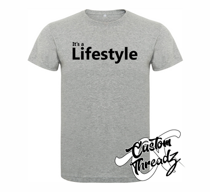 athletic heather grey tee with its a lifestyle DTG printed design