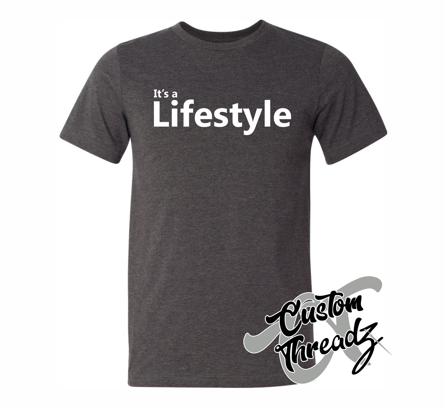 dark grey heather tee with its a lifestyle DTG printed design