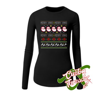 womens black long sleeve tee with merry christmas sweater style DTG printed design