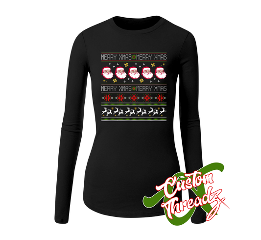 womens black long sleeve tee with merry christmas sweater style DTG printed design