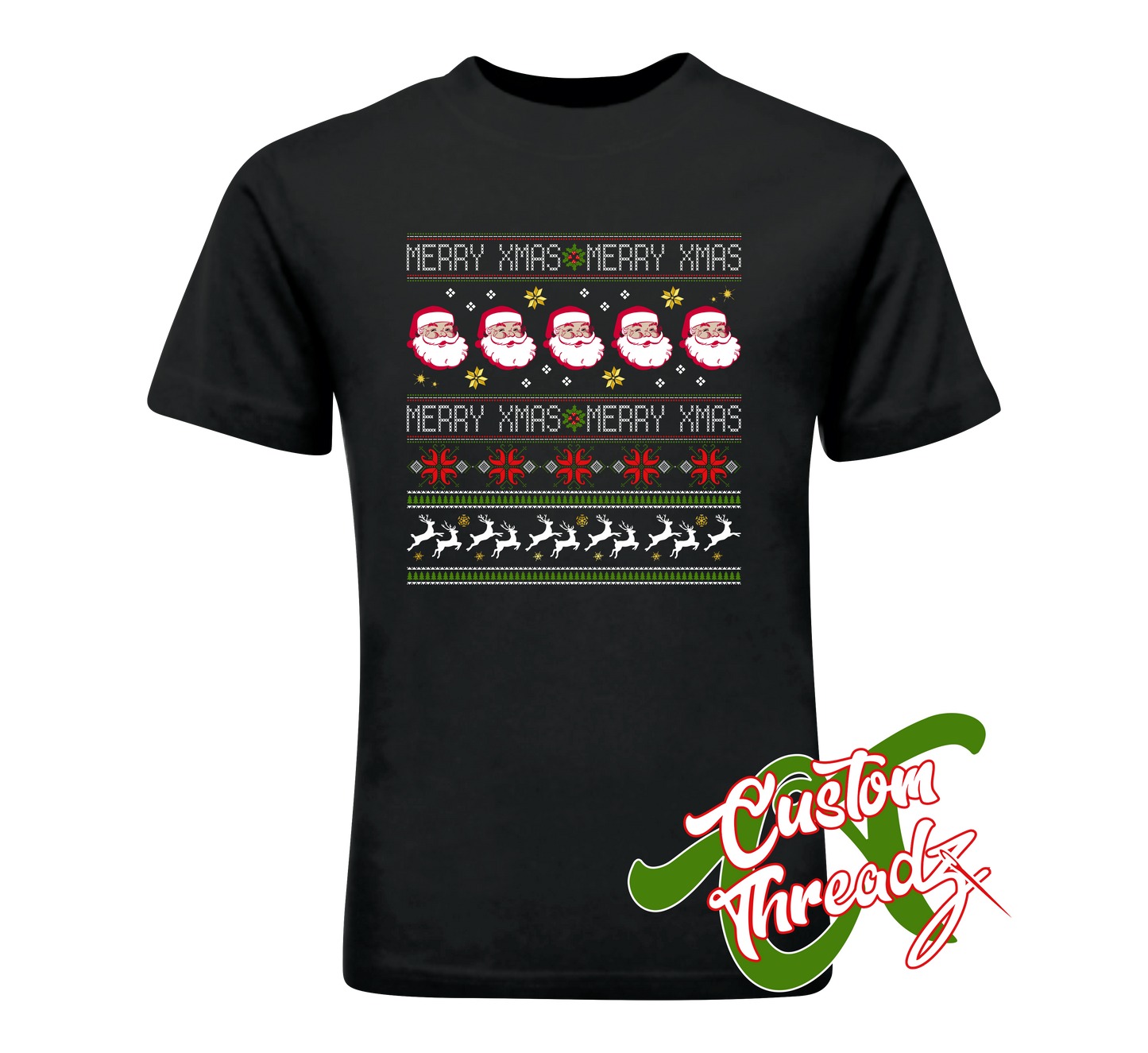black tee with merry christmas chrismas sweater style DTG printed design