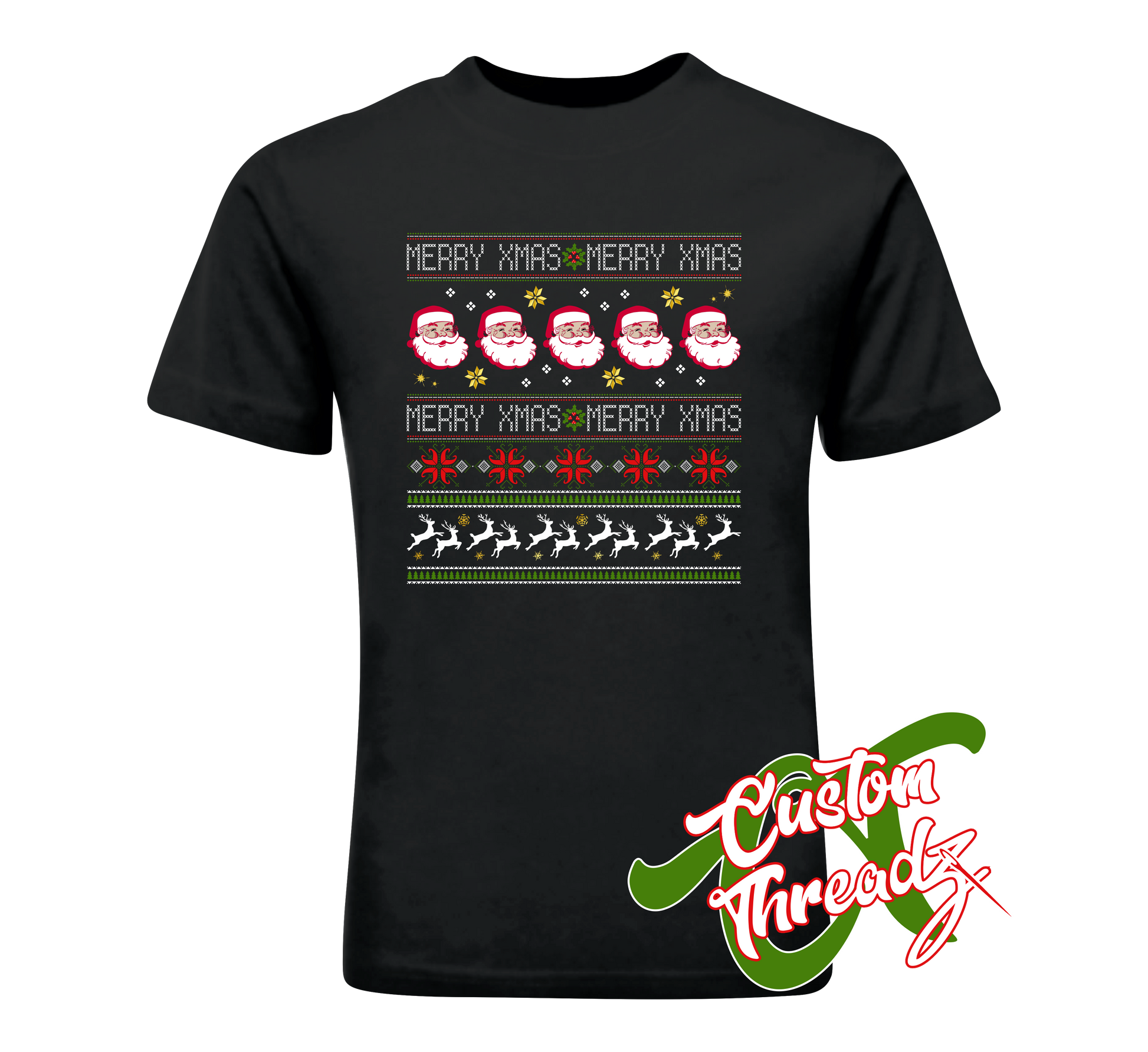 black tee with merry christmas chrismas sweater style DTG printed design