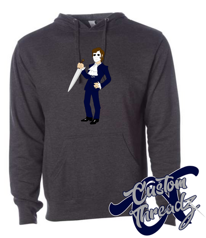 charcoal heather hoodie with halloween michael myers mike myers DTG printed design