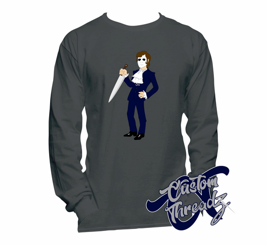 charcoal long sleeve tee with michael myers mike myers halloween DTG printed design