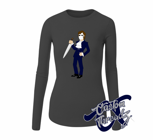 dark grey womens long sleeve tee with mike myers michael myers halloween DTG printed design