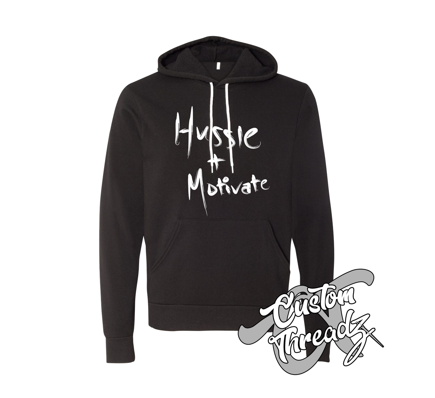 black hoodie with hussle + motivate nipsey hussle DTG printed design