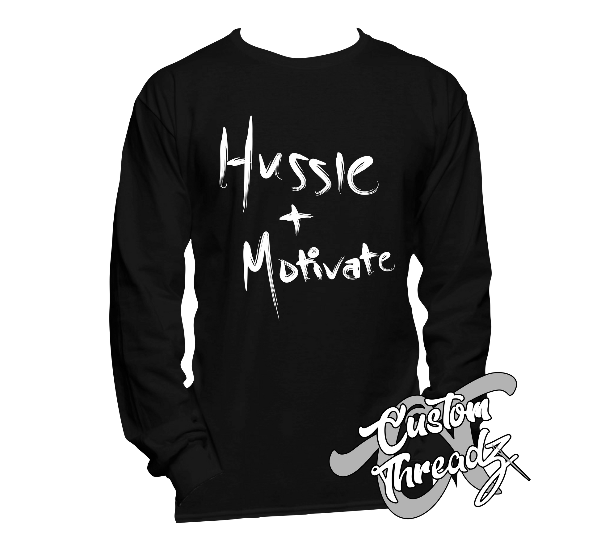 black long sleeve tee with hussle + motivate nipsey hussle DTG printed design