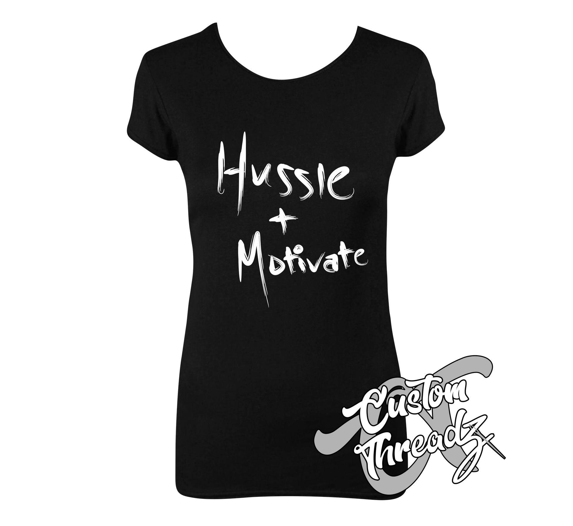 black womens tee with hussle + motivate nipsey hussle DTG printed design
