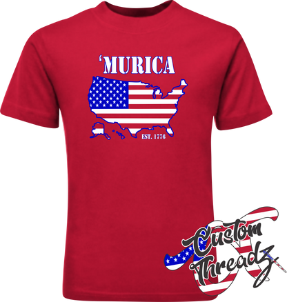 red tee with america 'murica DTG printed design