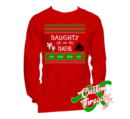red long sleeve tee with naughty or nice christmas sweater style DTG printed design