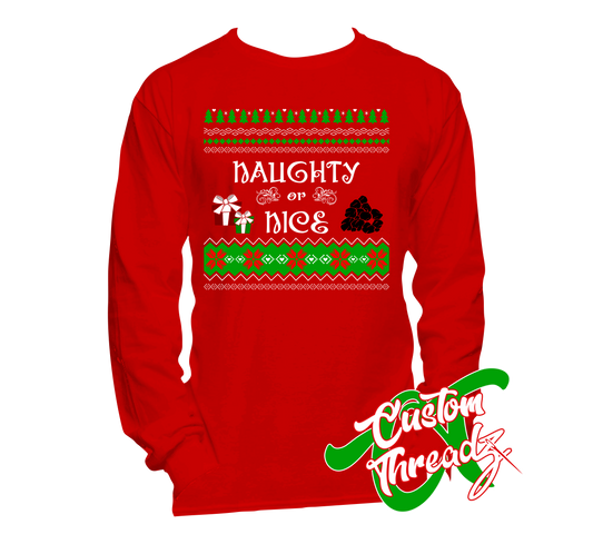red long sleeve tee with naughty or nice christmas sweater style DTG printed design