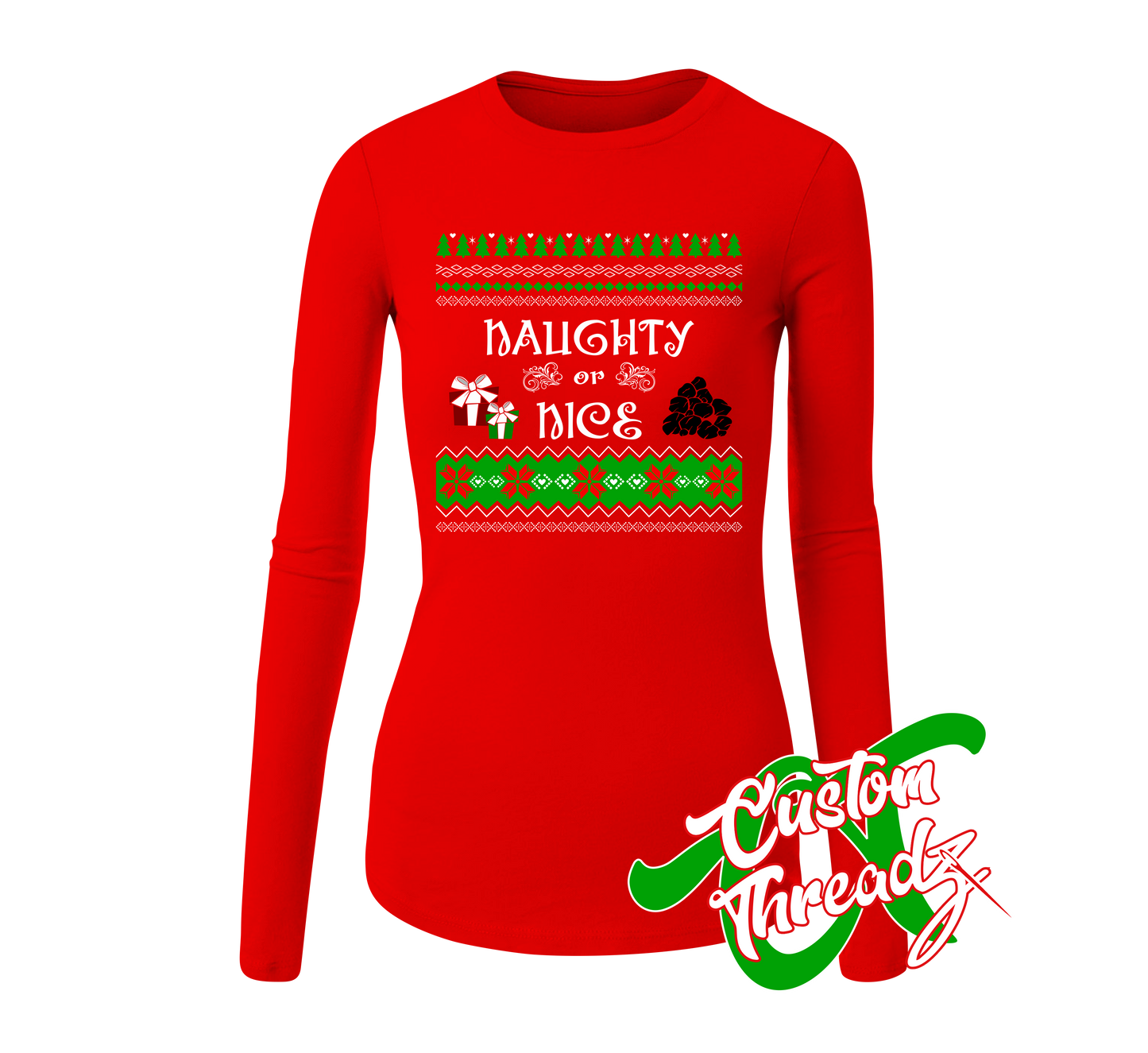 red womens long sleeve tee with naughty or nice christmas sweater style DTG printed design