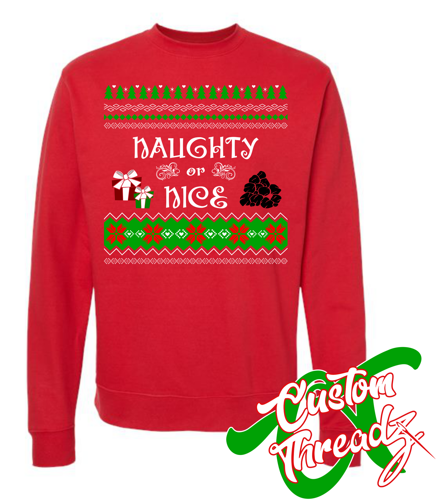 red crewneck sweatshirt with naughty or nice christmas style sweater DTG printed design