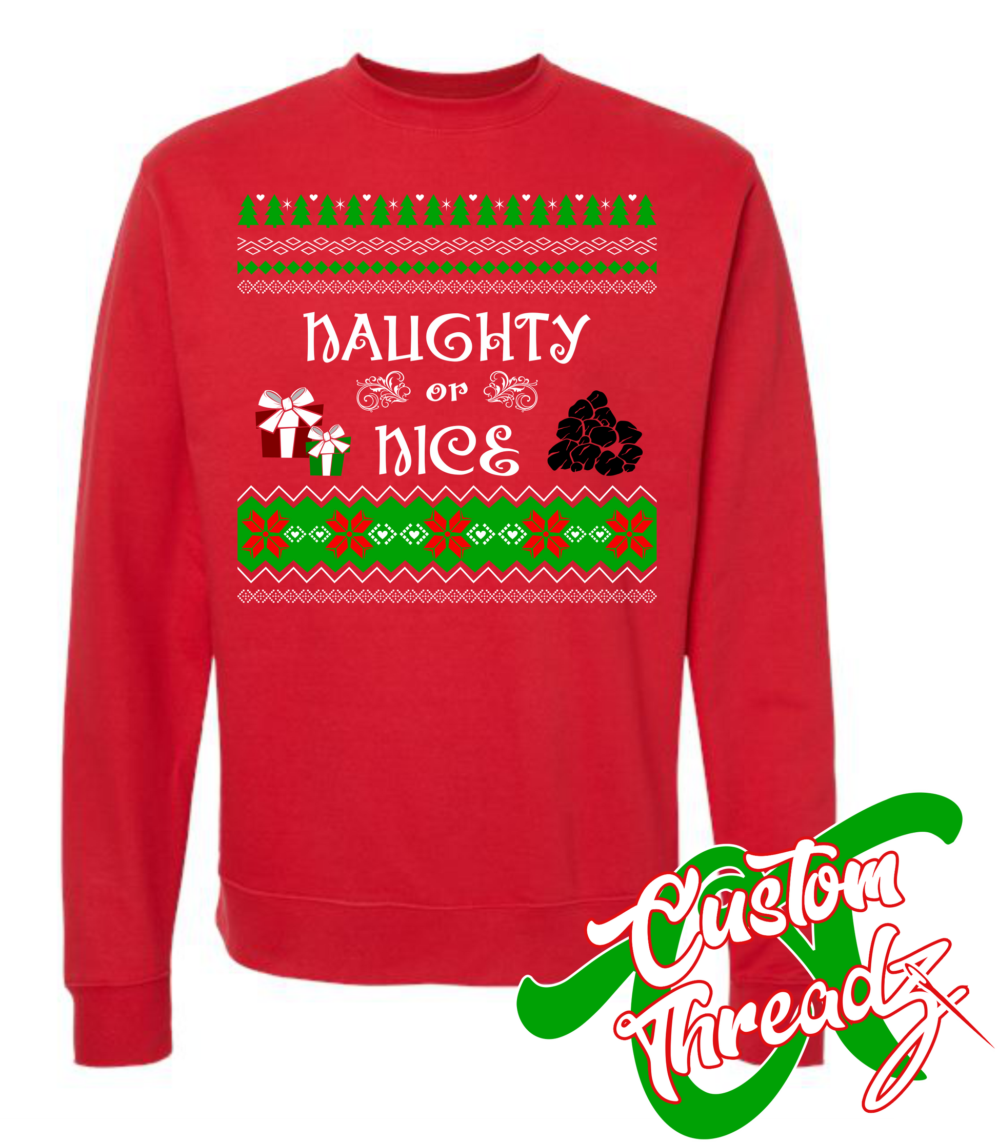 red crewneck sweatshirt with naughty or nice christmas style sweater DTG printed design
