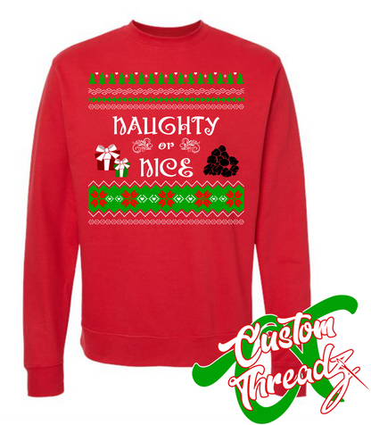 red crewneck sweatshirt with naughty or nice christmas style sweater DTG printed design