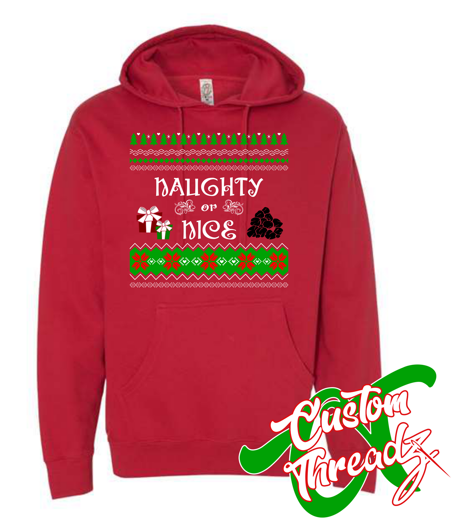 red hoodie with naughty or nice christmas style sweater DTG printed design