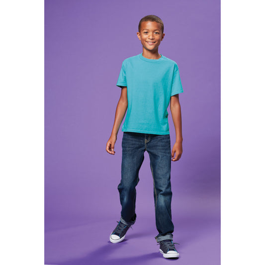 child model wearing port & company youth pigment-dyed tee in tidal wave blue