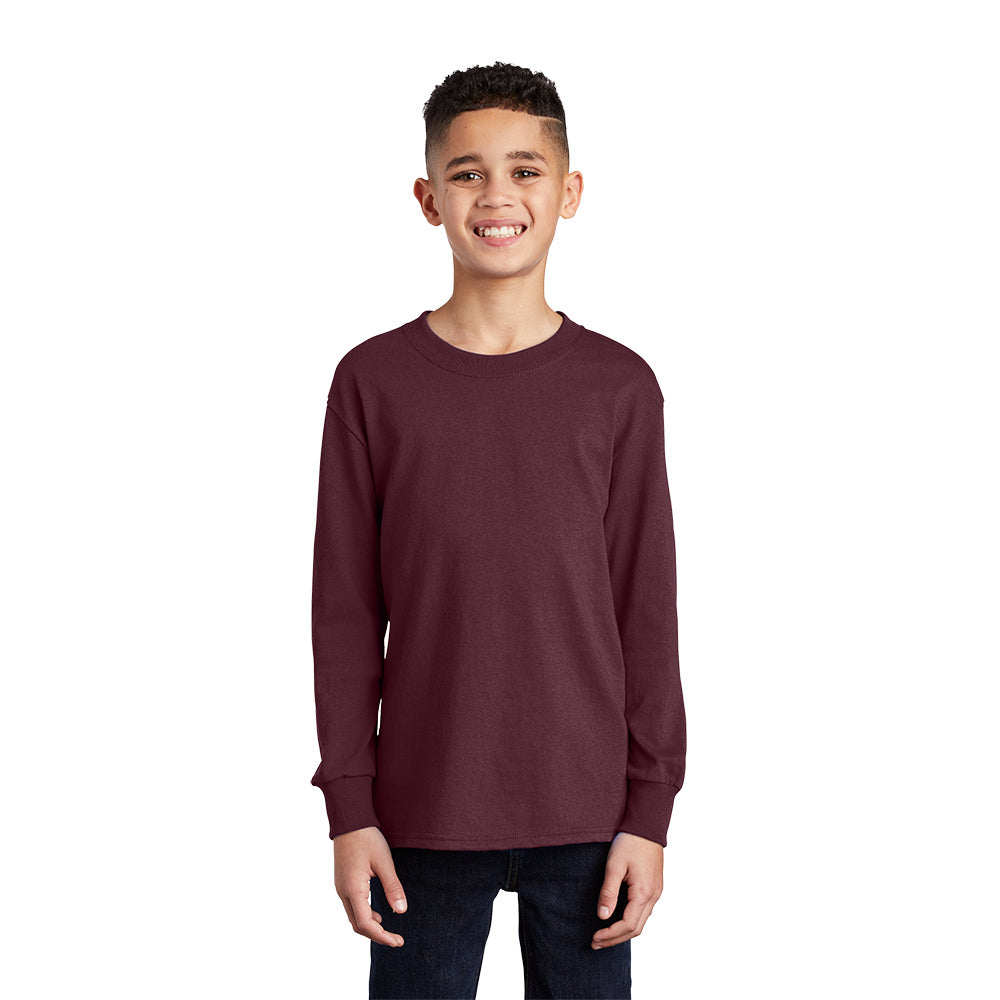 port & company youth core cotton long sleeve tee athletic maroon