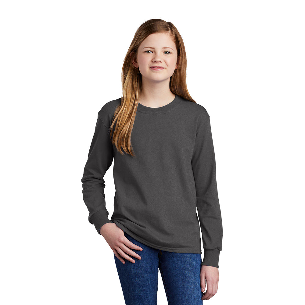 port & company youth core cotton long sleeve tee charcoal grey