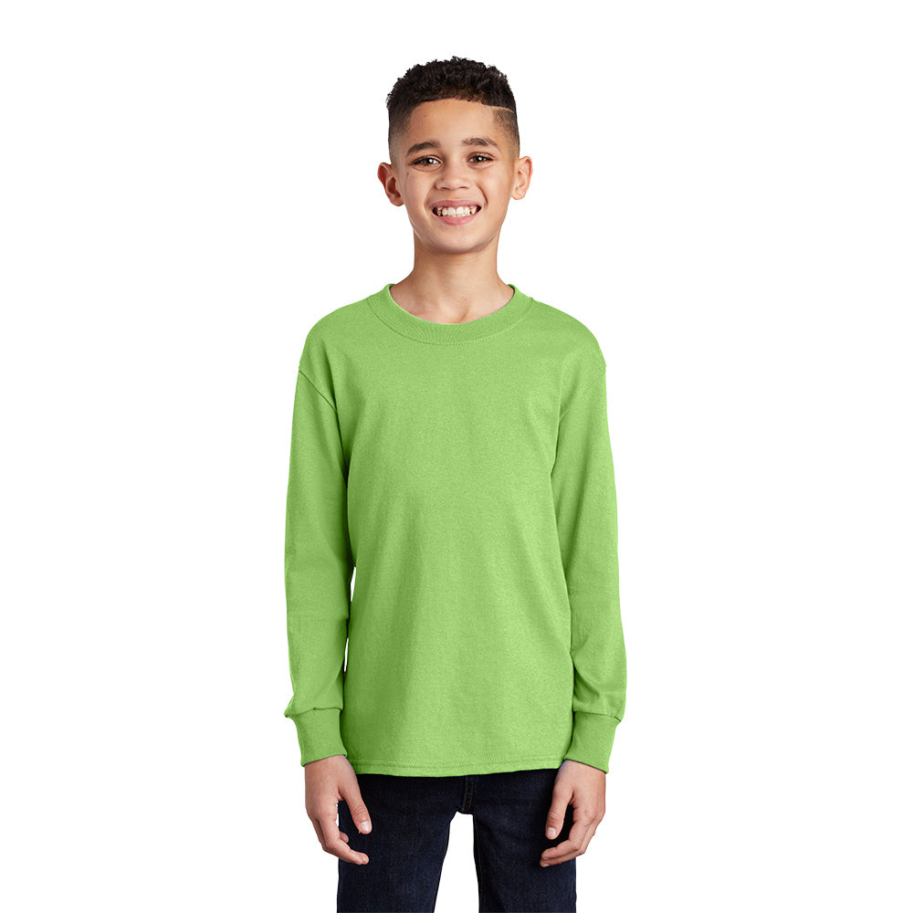 port & company youth core cotton long sleeve tee lime green