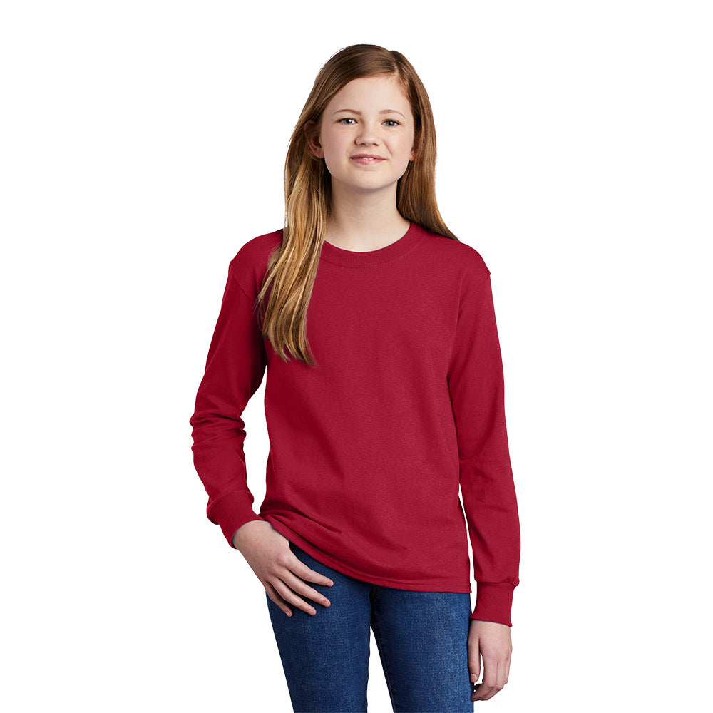 port & company youth core cotton long sleeve tee red