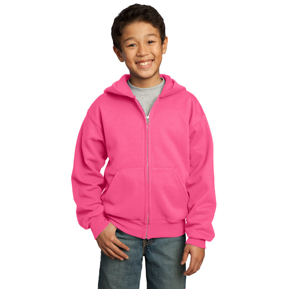 port & company youth fleece full zip hoodie neon pink