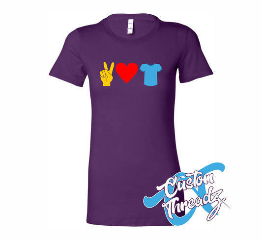 purple womens tee with peace love and t-shirts DTG printed design