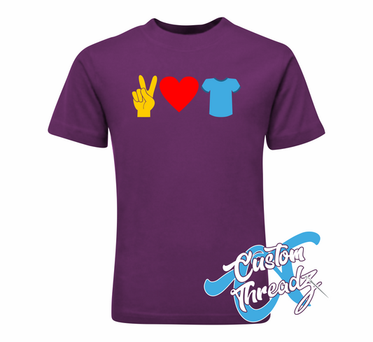 purple youth tee with peace love and t-shirts DTG printed design