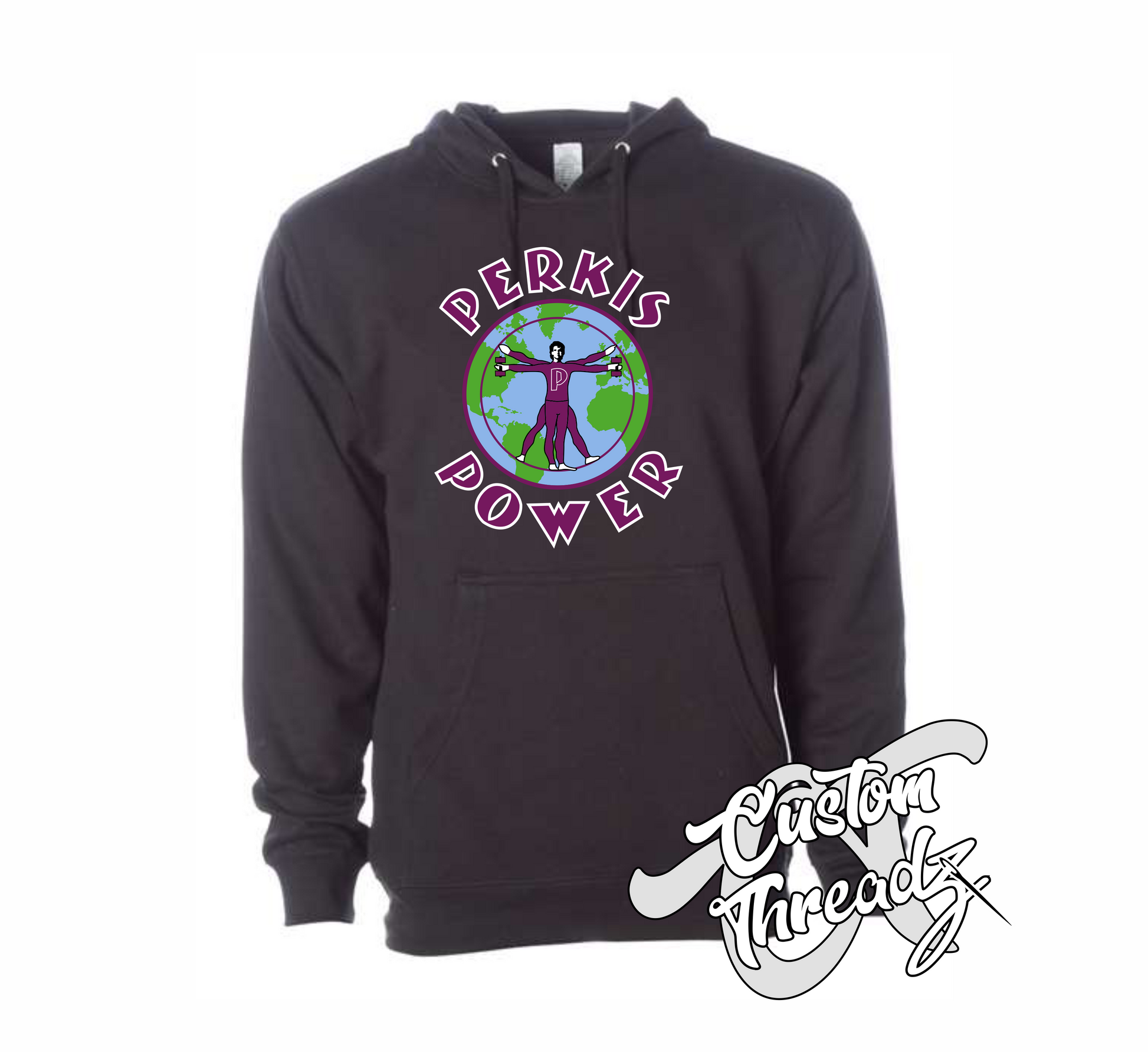 black hoodie hooded sweatshirt with perkis power heavyweights DTG printed design