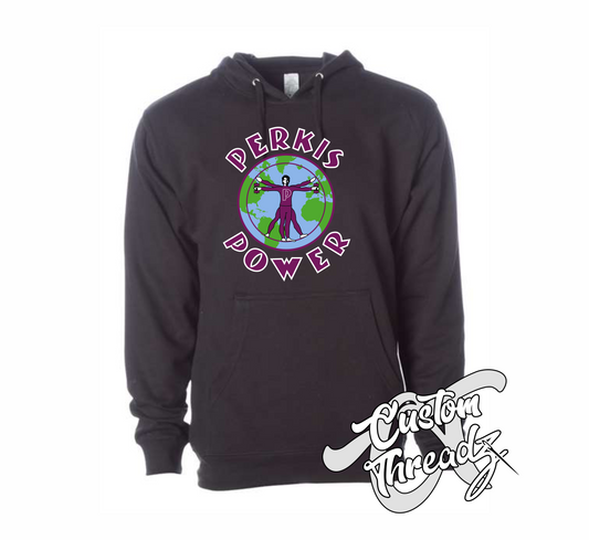 black hoodie hooded sweatshirt with perkis power heavyweights DTG printed design